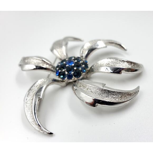 Vintage Marcel Boucher Blue Crystal Starburst Floral Brooch & Earrings Set 1950s - Picture 6 of 14